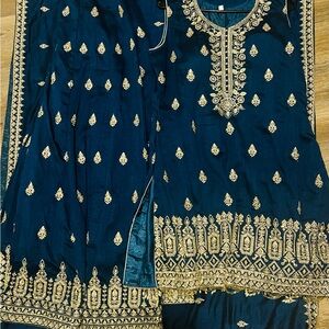 Elegant Blue and Gold Embroidered Dress